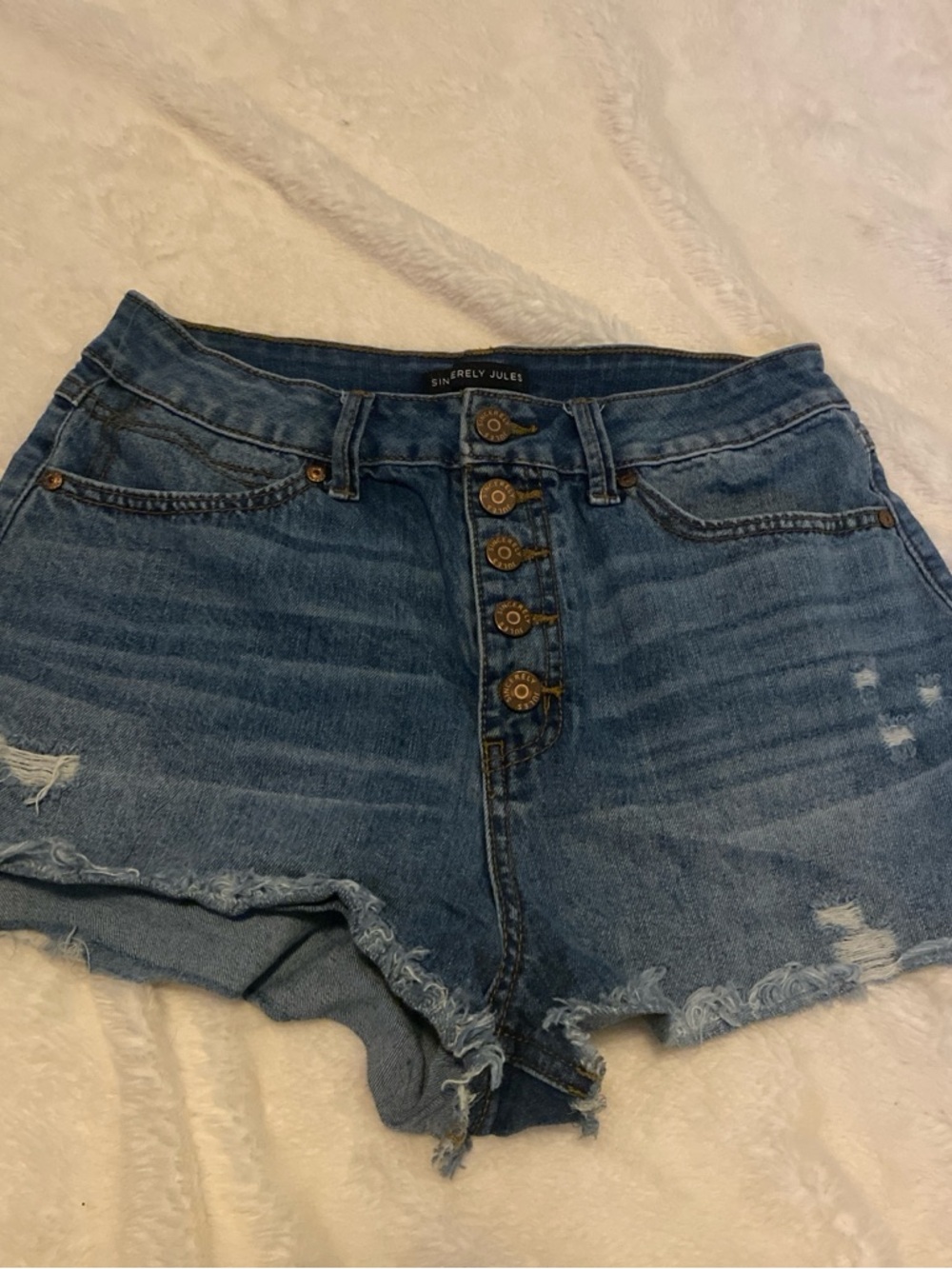 Sincerely Jules Button-Front Distressed Denim Shorts - Blue
